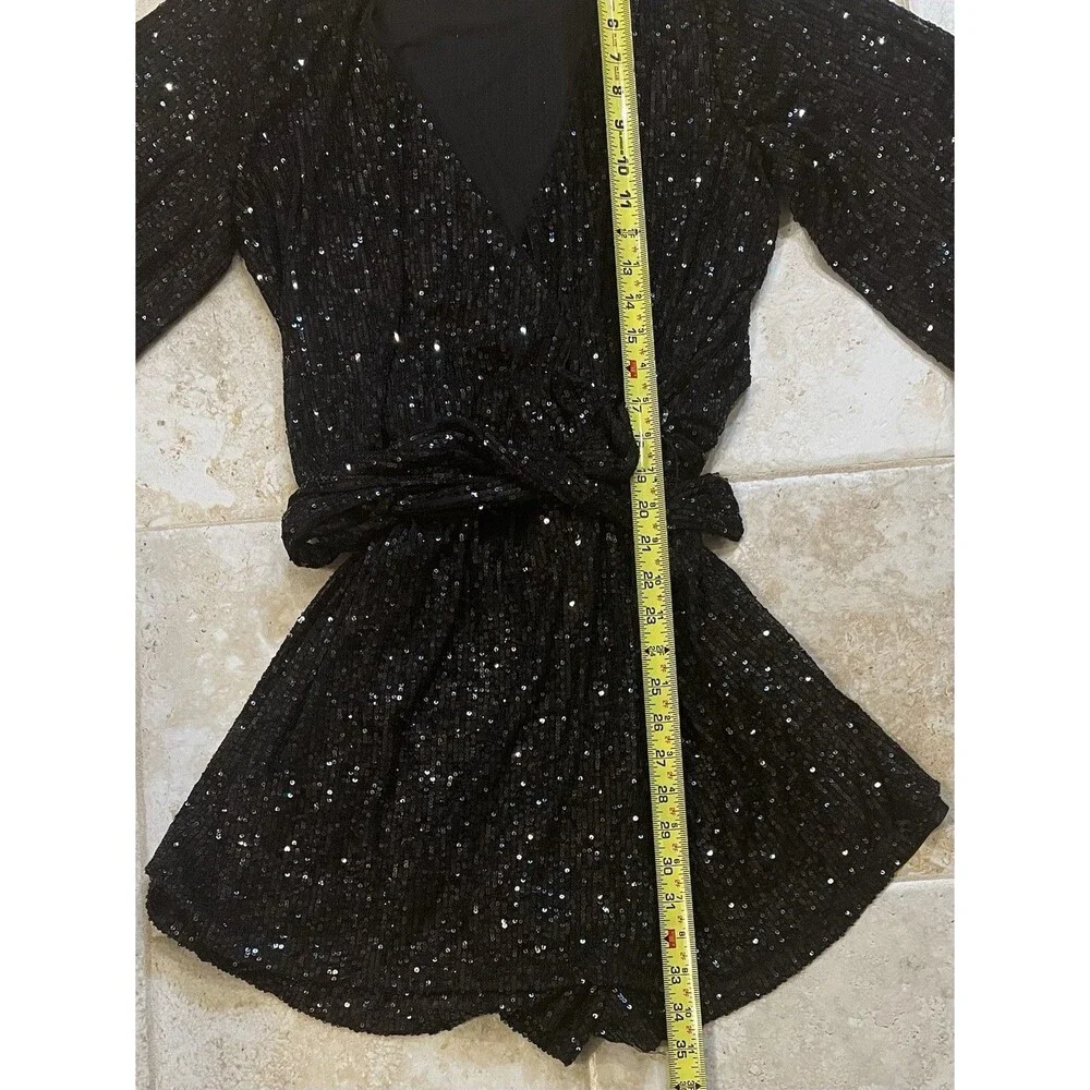 Free People Christa Sequin Long Sleeve Wrap Romper Black Size Lg Party Holiday